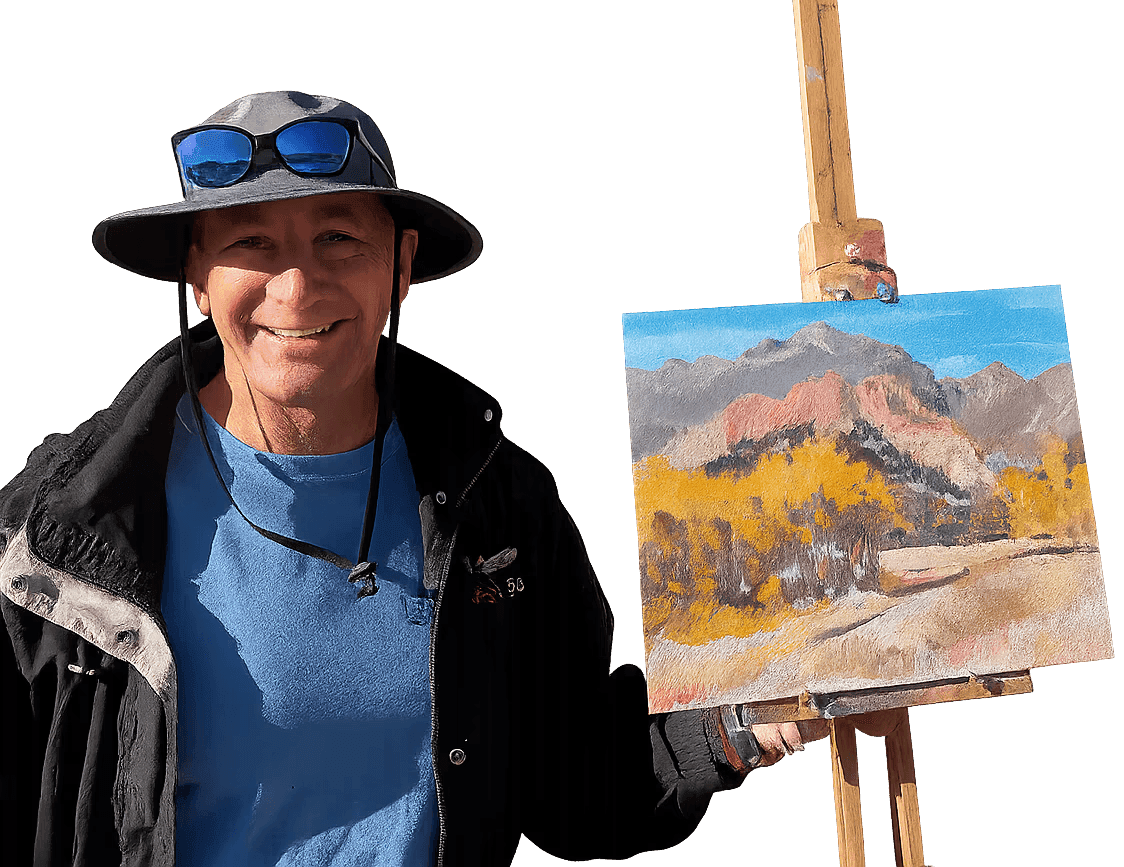Peter Jefferson at his easel, holding a plein-air painting